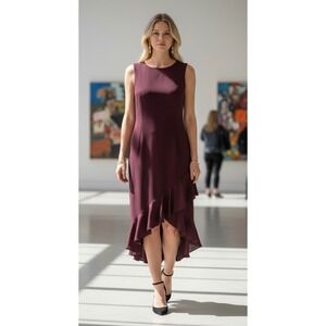 Ivanka Trump Womens Midi‎ Dress Sleeveless Ruffle Hem  Plum Purple Cocktail